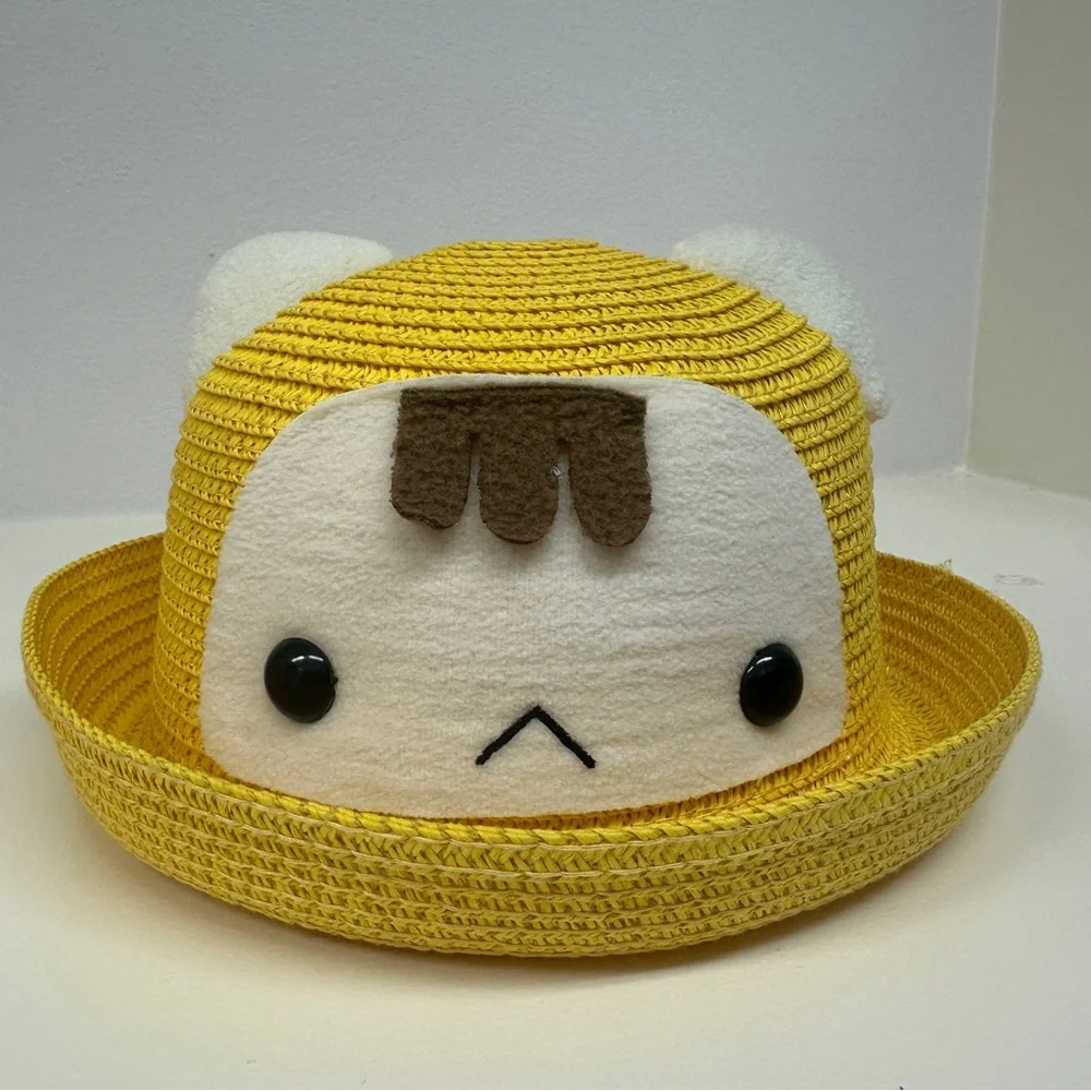 Kids 2in1 bundle 7” Yellow Straw Sun Hats Animal Ears Face Ages 3-7 Kawai Summer